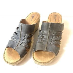 Born Womens 11 M Wedge Sandals Blue Gray Leather Slip On Comfort Casual Open Toe